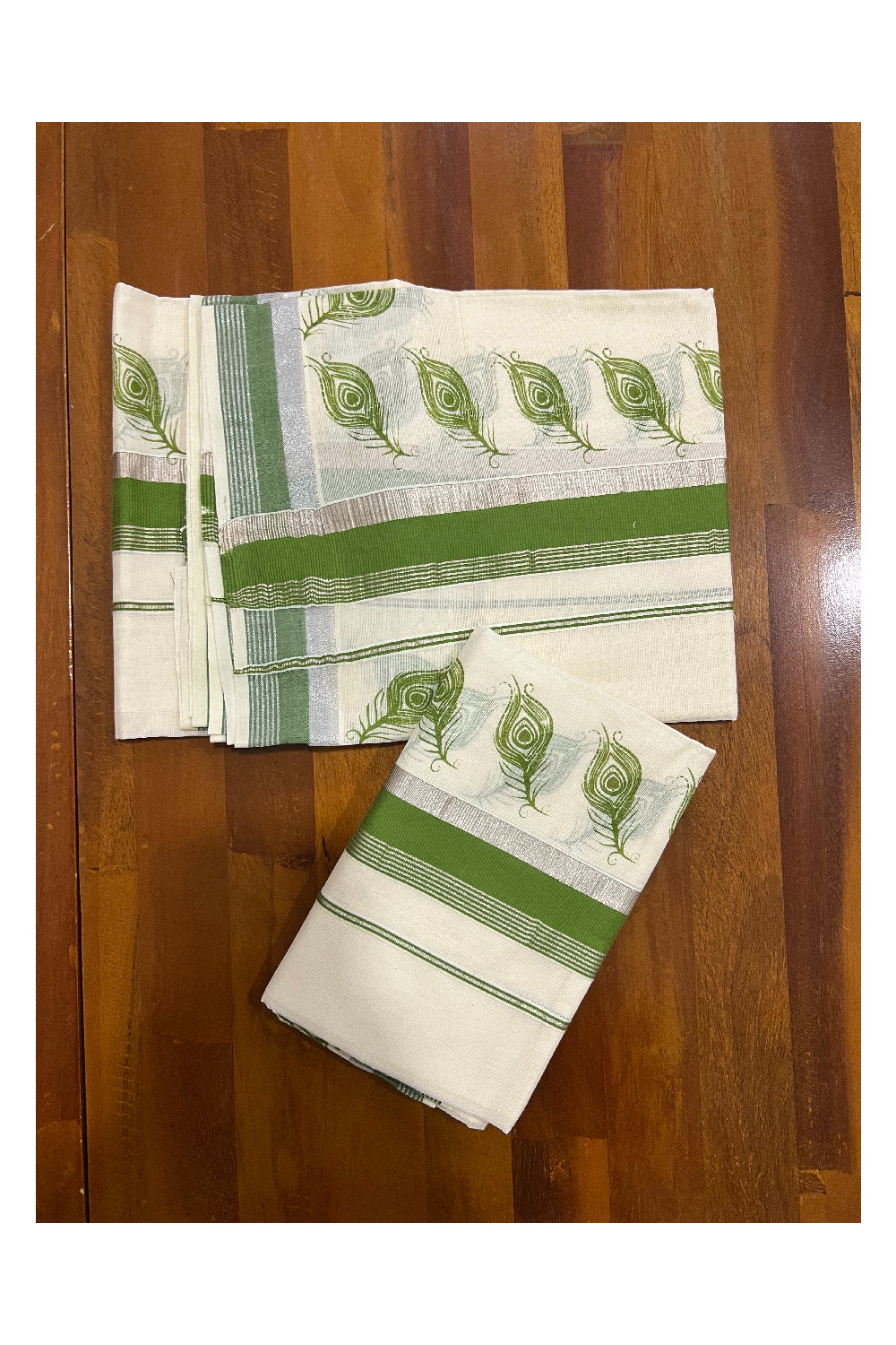 Pure Cotton Silver Kasavu Set Mundu (Mundum Neriyathum) with Green Feather Block Prints on Border