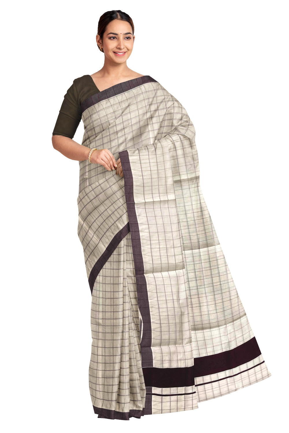 Kerala Pure Cotton Brown Woven Check Saree with 3 inch Border