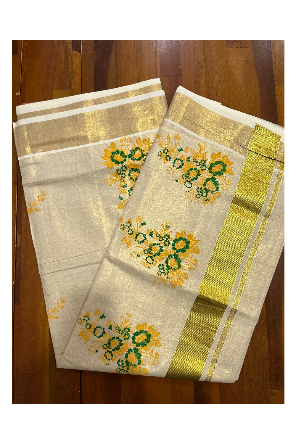 Kerala Tissue Kasavu Saree with Green Floral Block Printed Design