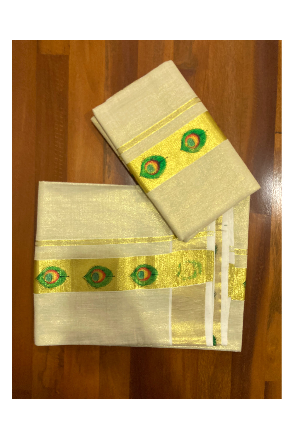 Kerala Tissue Kasavu Set Mundu (Mundum Neriyathum) with Feather Block Printed Design 2.80 Mtrs