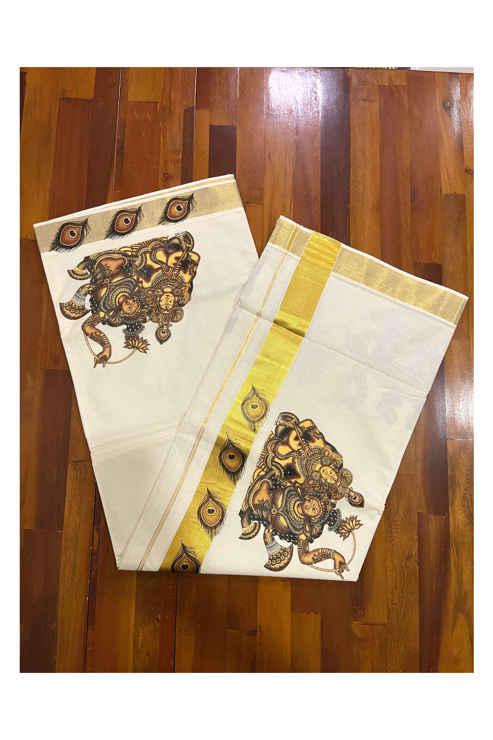 Kerala Pure Cotton Saree with Krishna Radha Mural Prints and Printed Kasavu Border