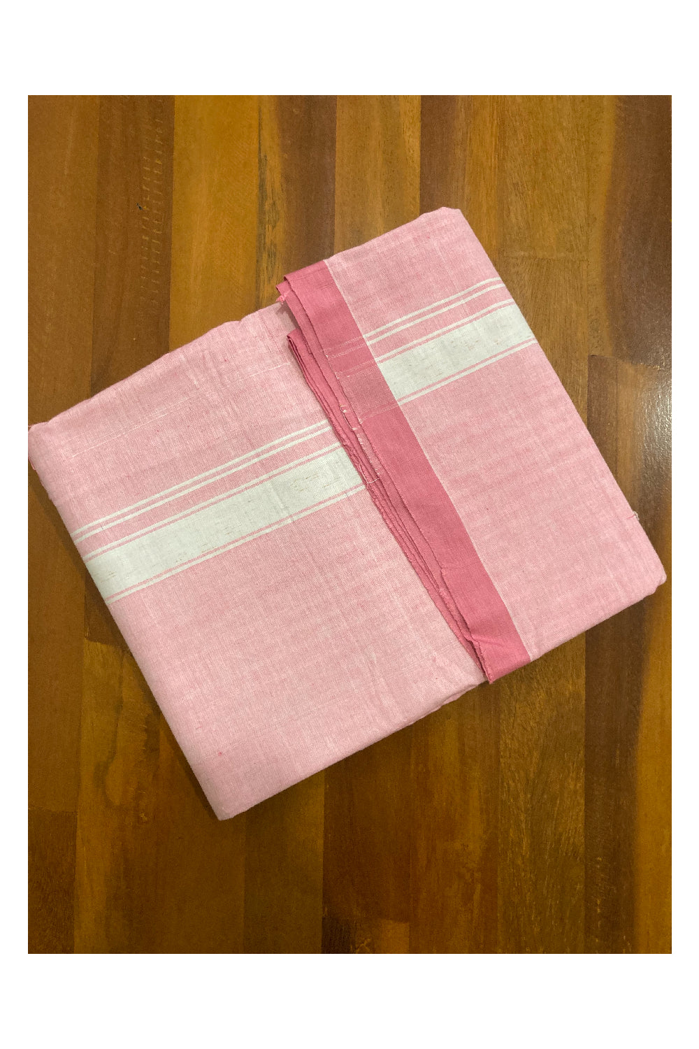 Southloom Premium Handloom Pink Solid Single Mundu (Lungi) with White Border