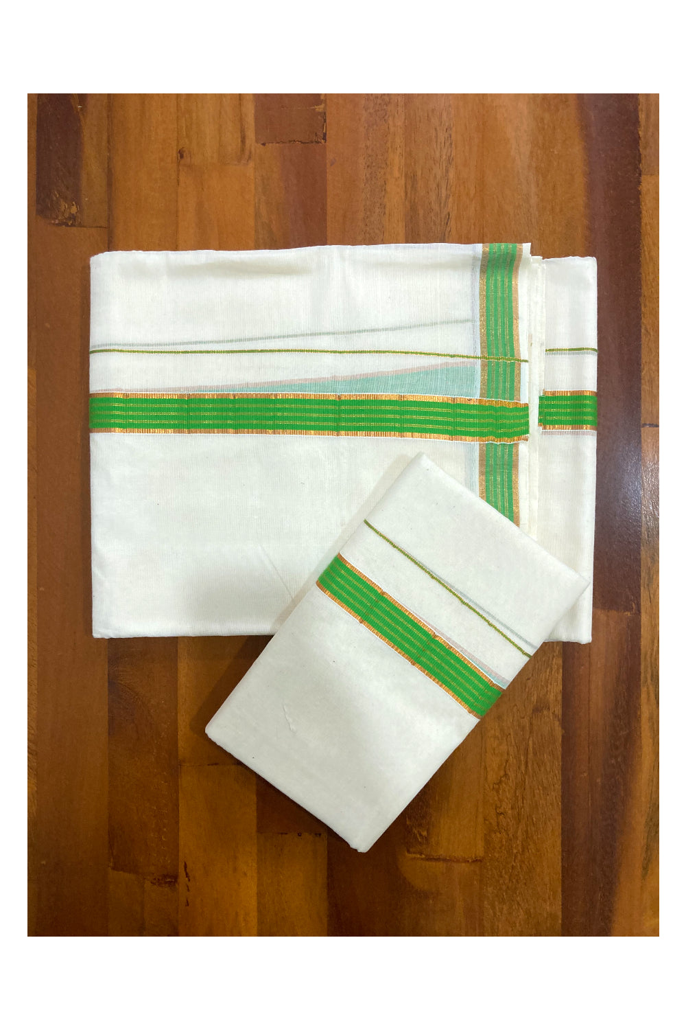 Mundum Neriyathum Double (Set Mundu) with Green and Kasavu Border