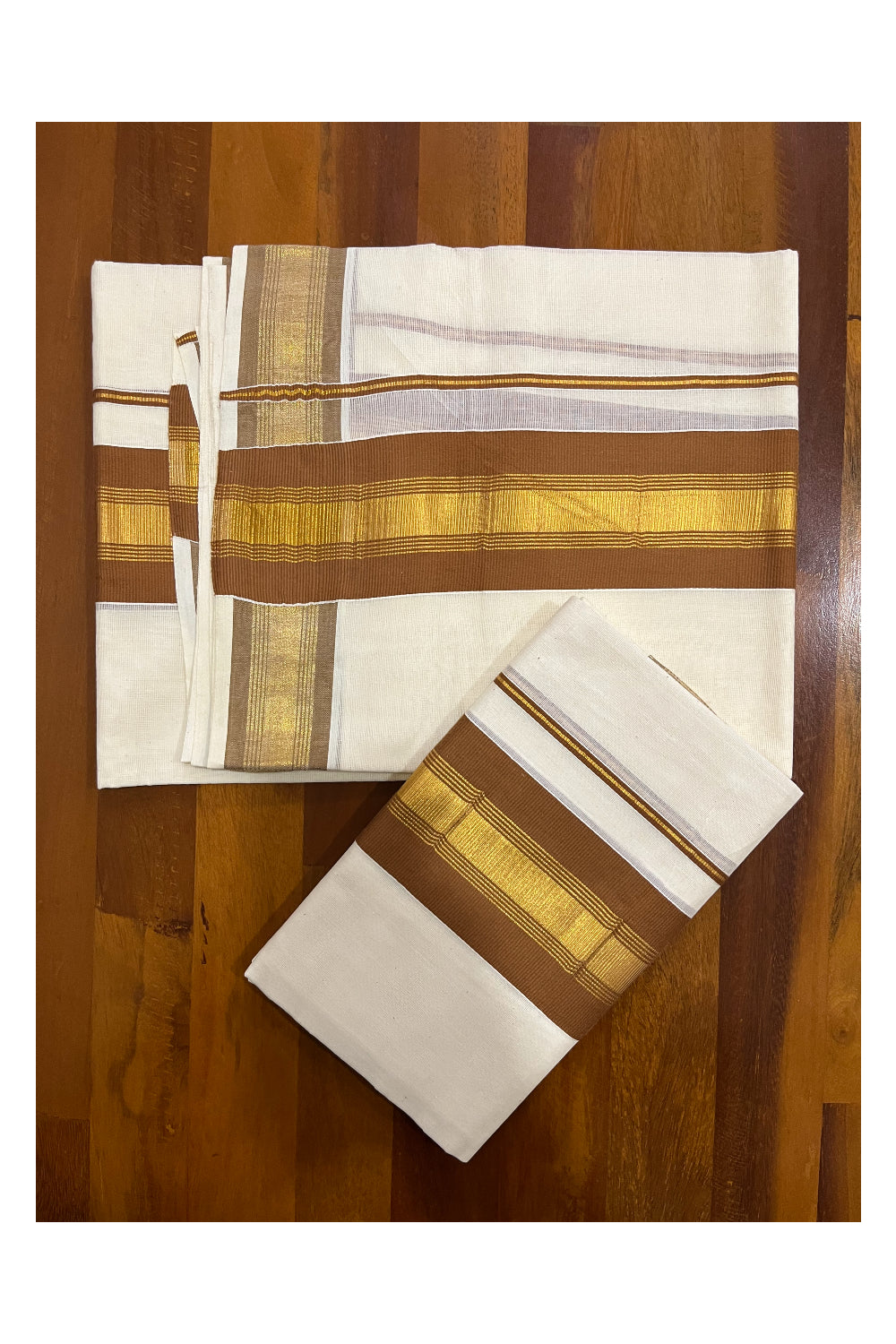 Pure Cotton Kerala Single Set Mundu (Mundum Neriyathum) with Brown and Kasavu Border