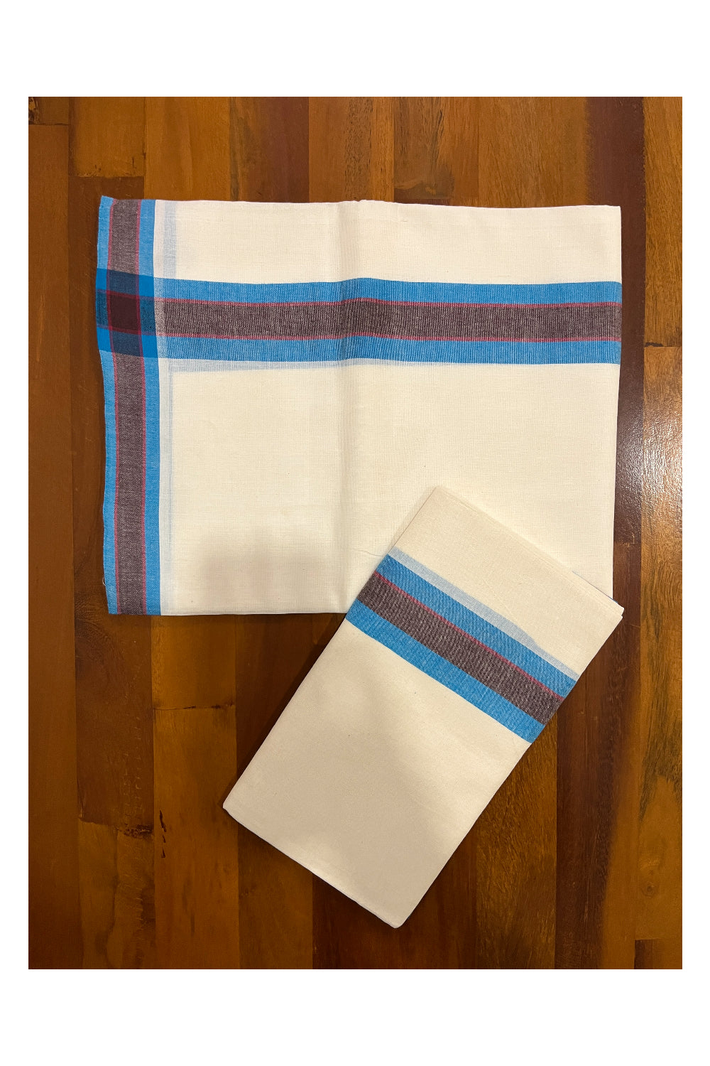 Kerala Cotton Mundum Neriyathum Single (Set Mundu) with Blue and Brown Mulloth Border (Extra Soft Cotton)