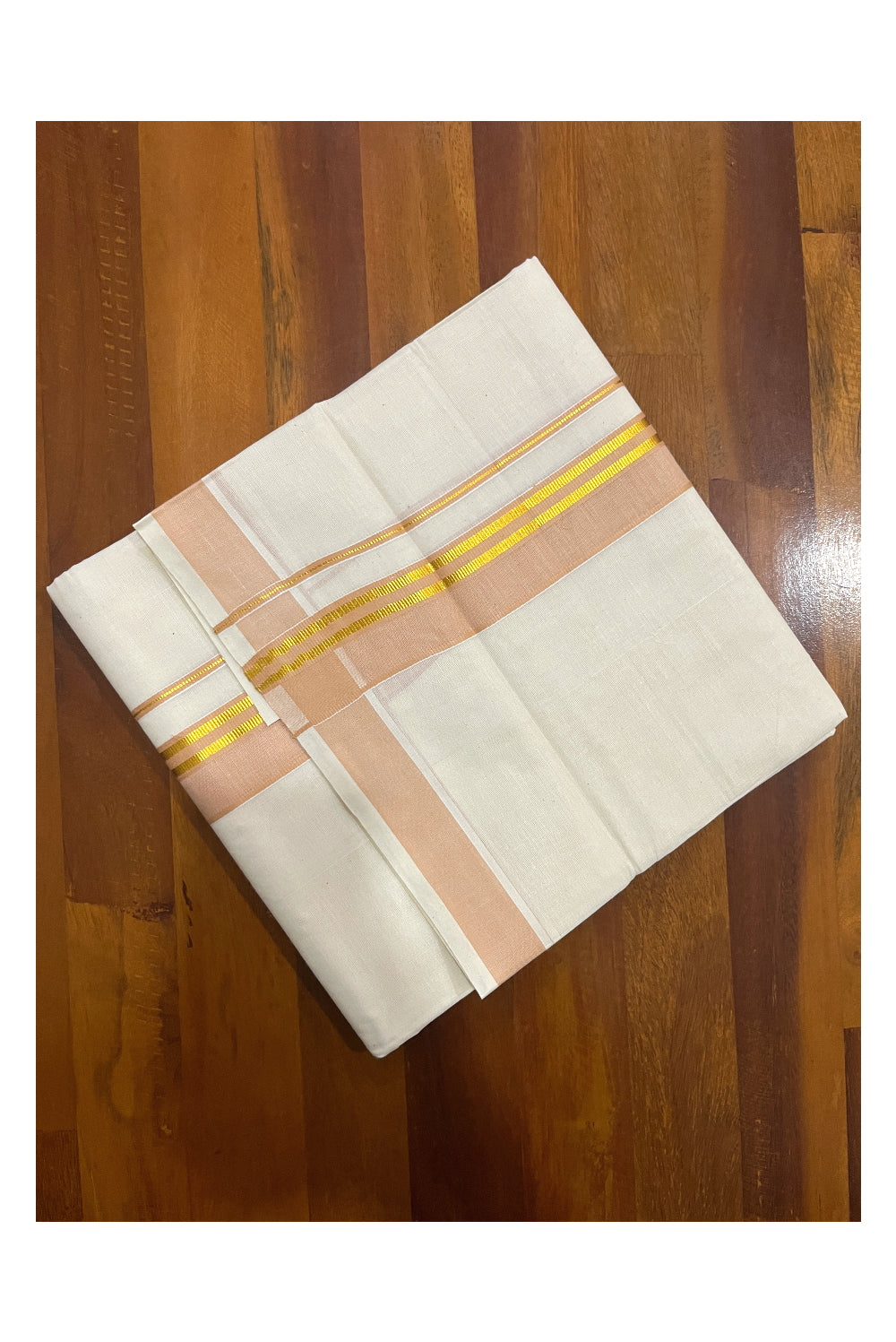 Pure Cotton Off White Double Mundu with Sandal and Kasavu Kara (South Indian Dhoti)