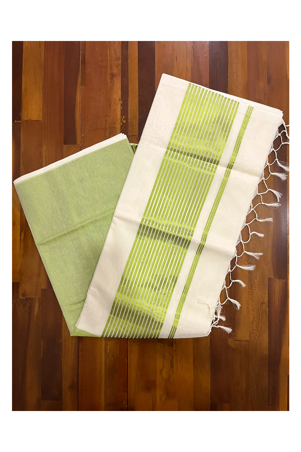 Southloom™ Premium Handloom Half & Half (Cotton / Tissue) Kerala Saree with Light Green Kasavu Pallu