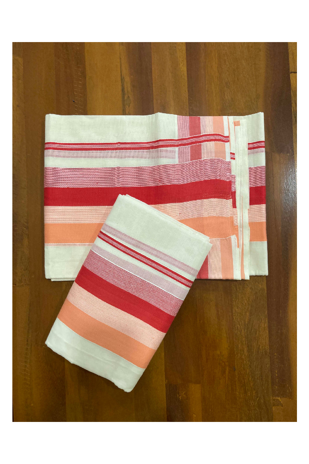 Kerala Cotton Mundum Neriyathum Single (Set Mundu) with Peach and Pink Lines Border 2.80 Mtrs