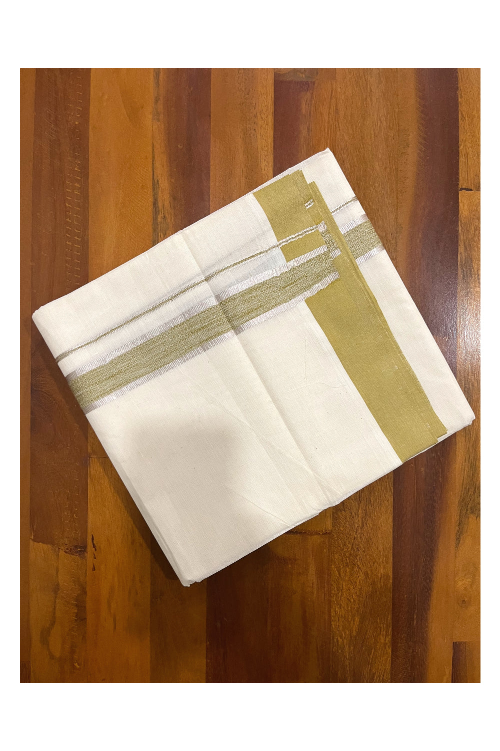 Pure Cotton Off White Double Mundu with Silver Kasavu and Green Border (South Indian Dhoti)