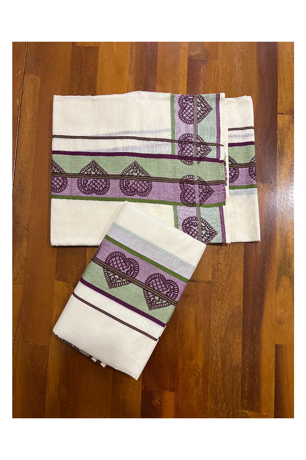 Kerala Cotton Set Mundu (Mundum Neriyathum) with Block Prints on Green and Purple Border