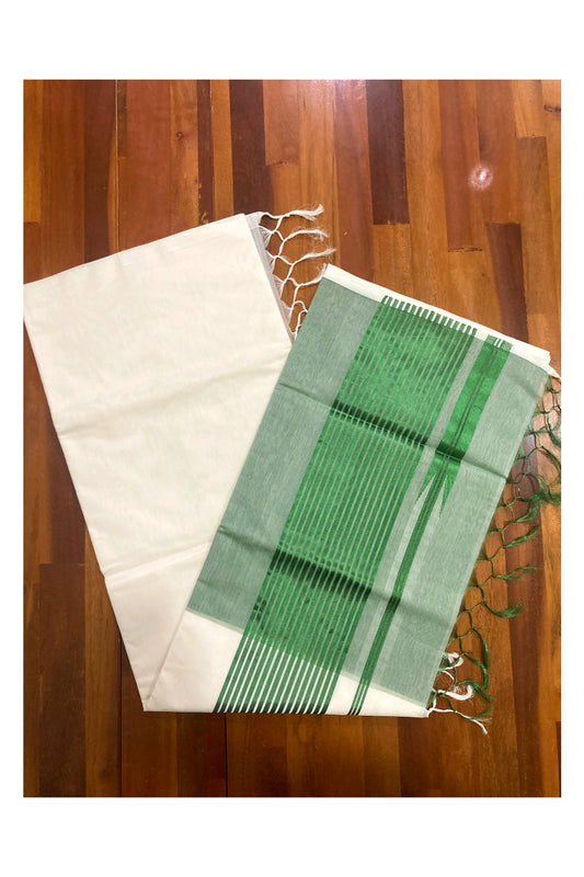 Southloom™ Premium Handloom Half & Half (Cotton / Tissue) Kerala Saree with Green Kasavu Pallu