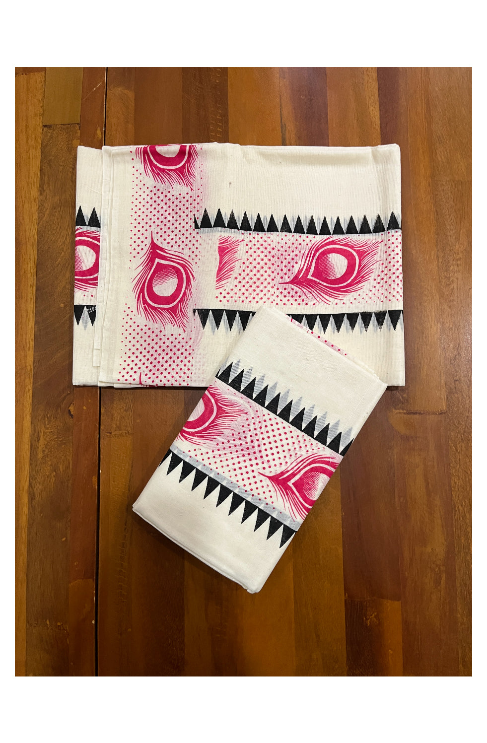 Kerala Cotton Set Mundu (Mundum Neriyathum) with Red Feather Block Prints and Black Temple Border