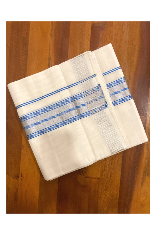 Southloom Premium Handloom Pure Cotton Mundu with Blue and Silver Kasavu Border (South Indian Dhoti)