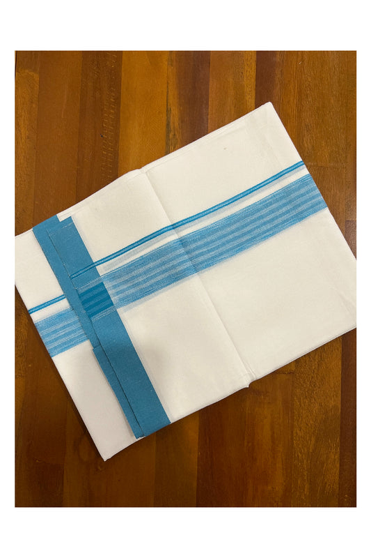 Pure White Kerala Cotton Double Mundu with Light Blue Border (South Indian Dhoti)