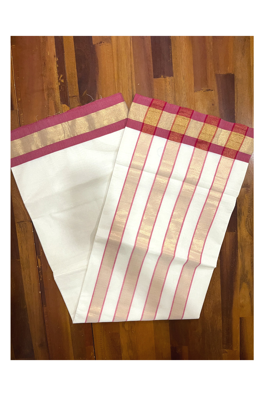 Pure Cotton Kerala Plain Saree with Kasavu and Red Border and Lines Design on Pallu