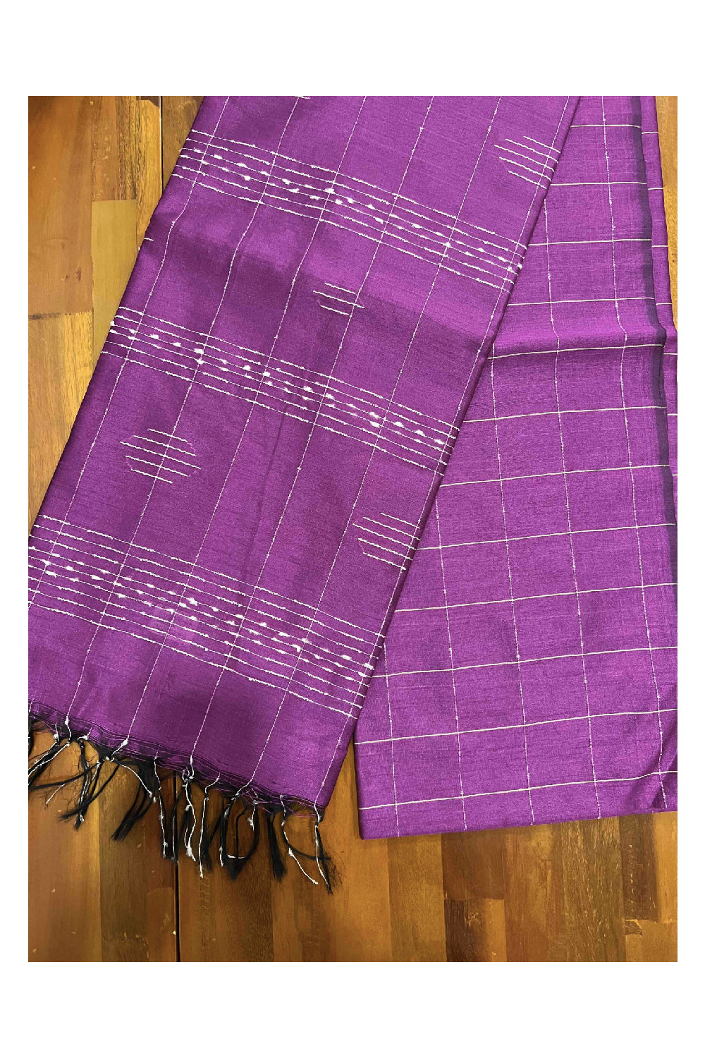 Southloom Dark Magenta Semi Tussar Checkered Designer Saree with Tassels on Pallu