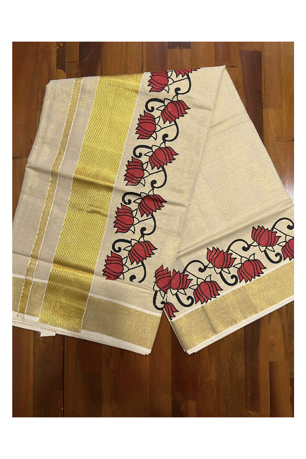 Kerala Tissue Kasavu Saree With Mural Red Floral Design on Pallu and Border