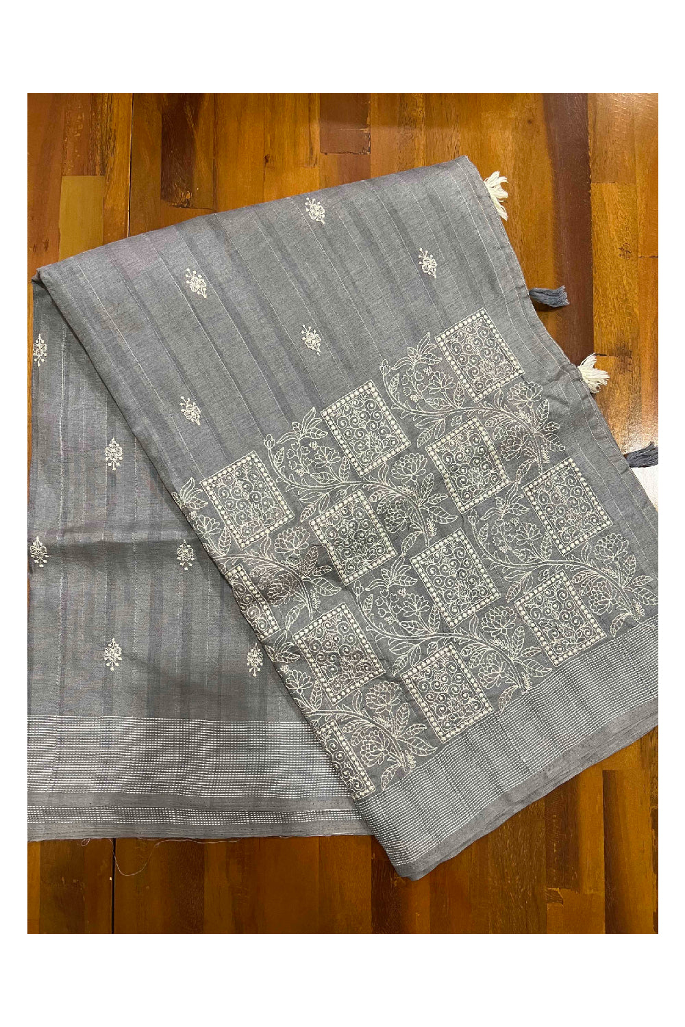 Southloom Grey Semi Silk Designer Thread Work Saree with Butta Works