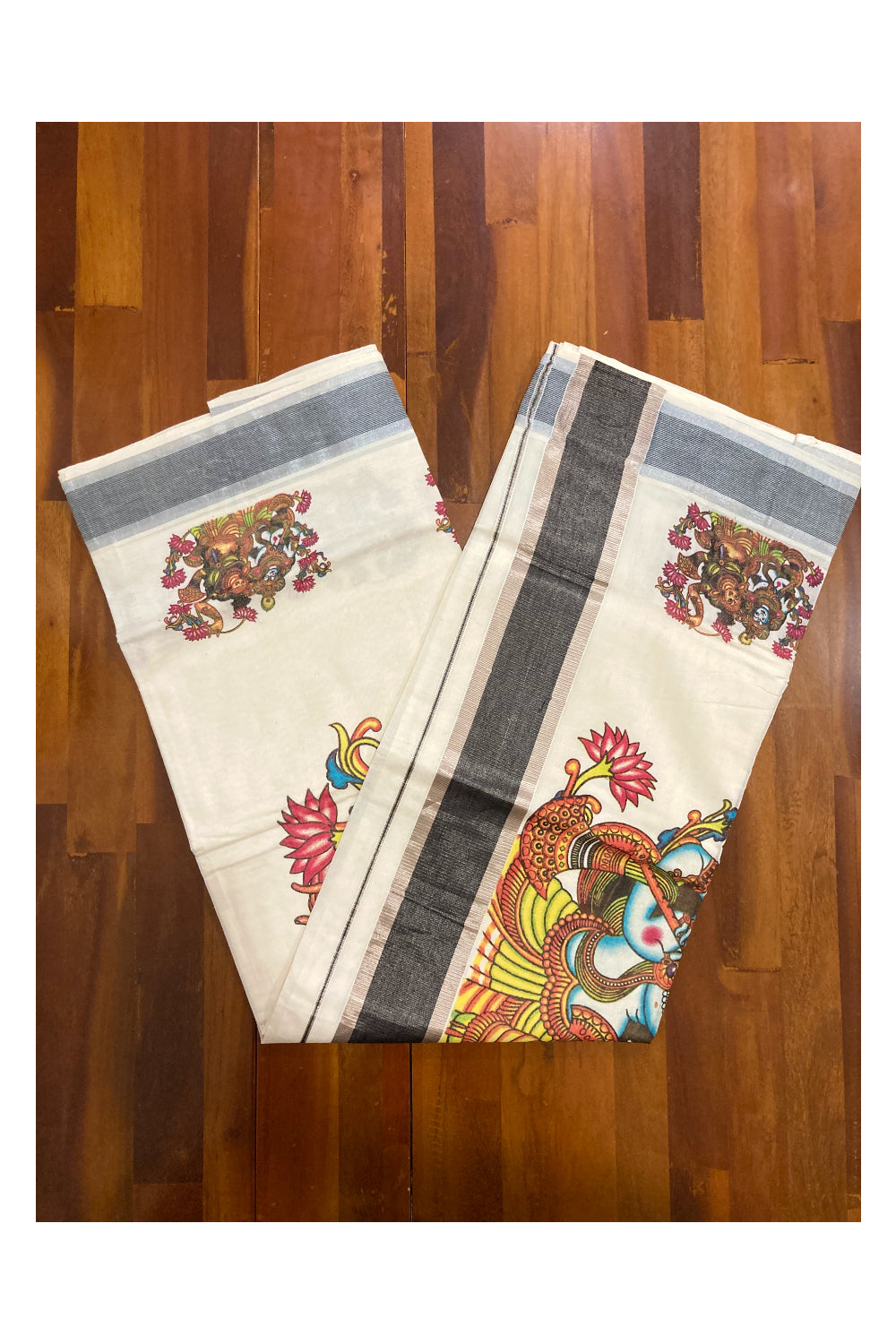 Pure Cotton Kerala Saree with Krishna Radha Mural Prints and Silver Black Border