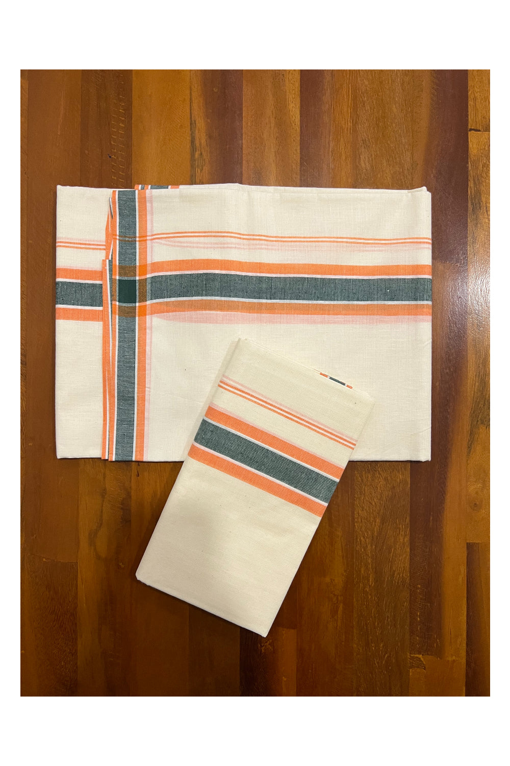 Kerala Cotton Mundum Neriyathum Single (Set Mundu) with Orange and Dark Green Mulloth Border (Extra Soft Cotton)