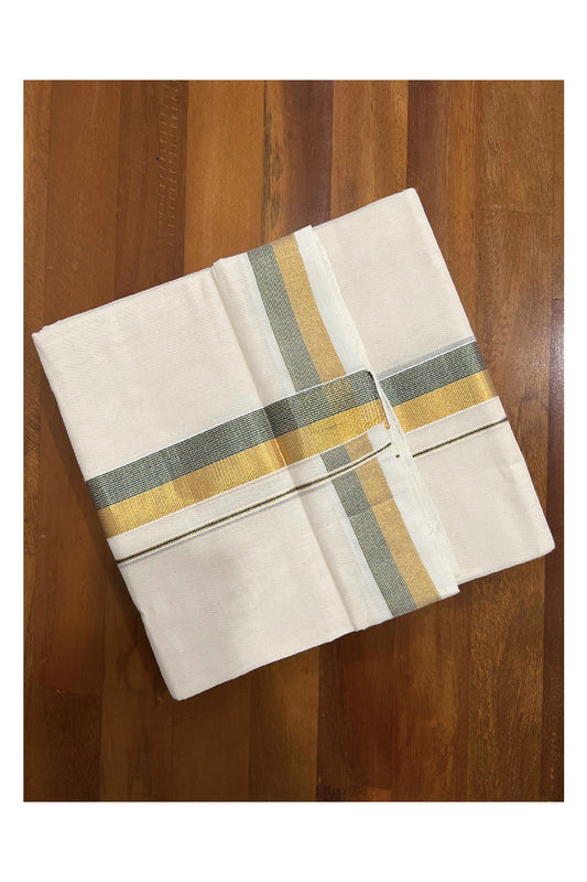 Southloom Kuthampully Handloom Pure Cotton Mundu with Golden and Green Kasavu Lines Border (South Indian Dhoti)