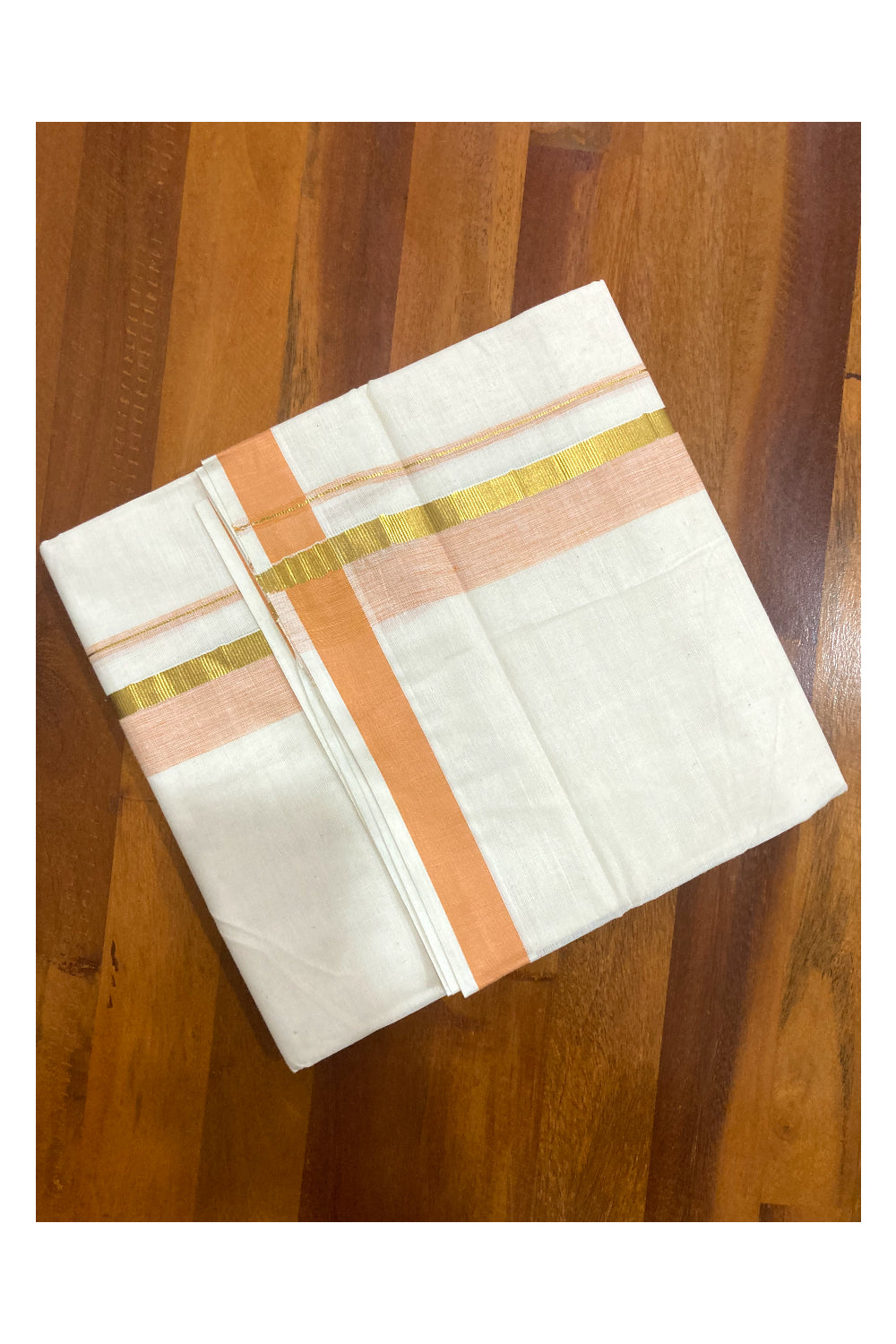 Pure Cotton Off White Double Mundu with Orange and Kasavu Border (South Indian Dhoti)