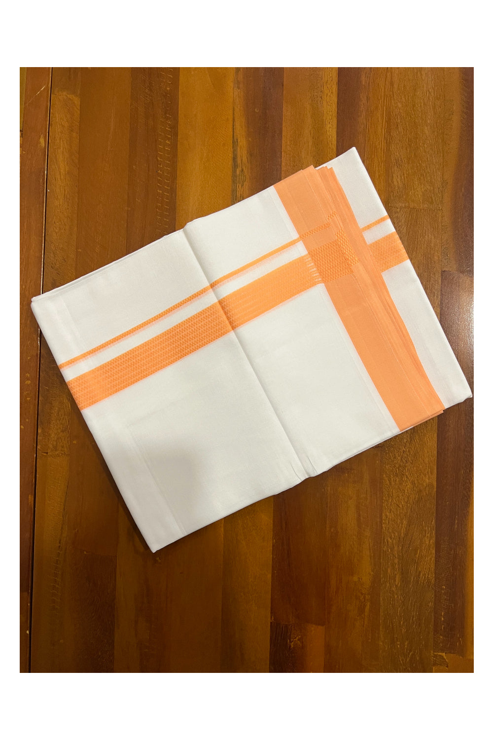 Pure White Cotton Double Mundu with Lines on Orange Border (South Indian Dhoti)
