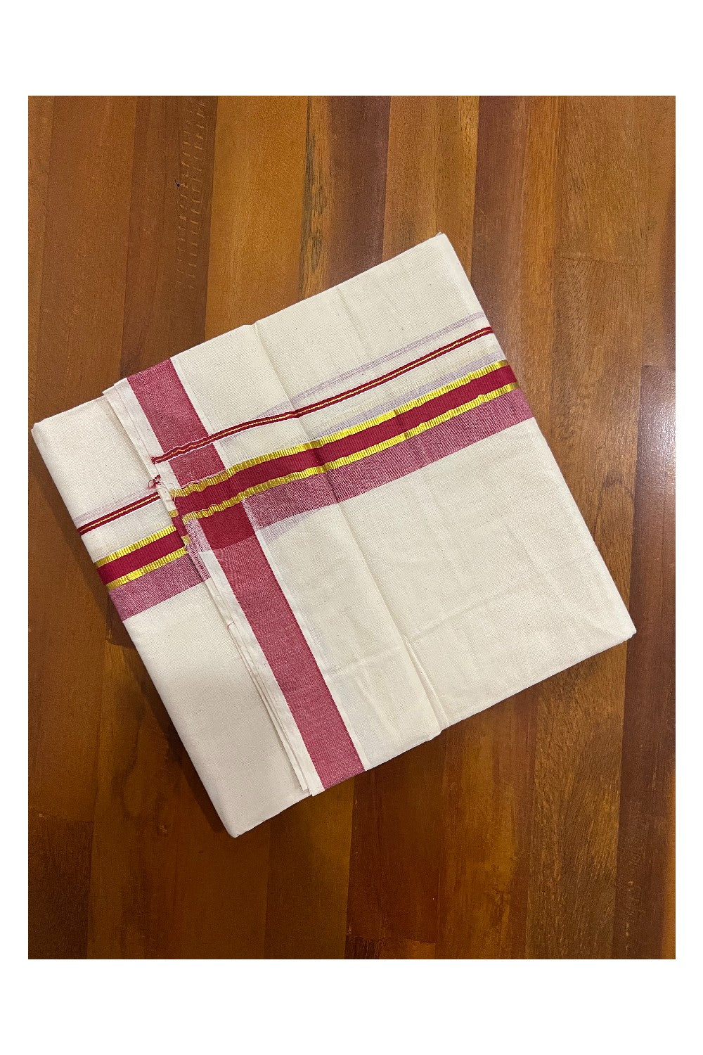 Off White Pure Cotton Double Mundu with Kasavu and Dark Red Kara (South Indian Dhoti)