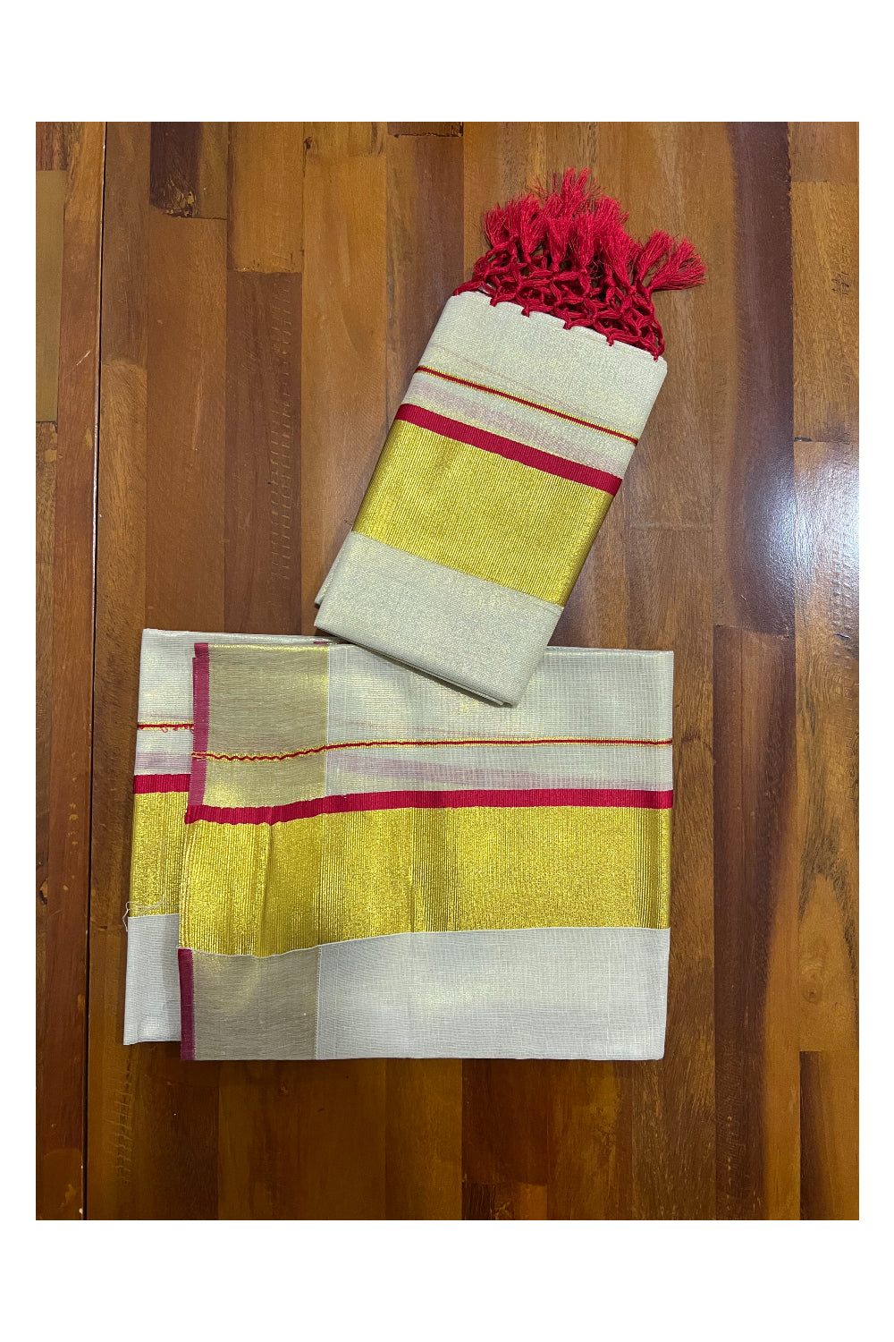 Kerala Tissue Kasavu Set Mundu (Mundum Neriyathum) with Kasavu and Red Border and Tassels Work