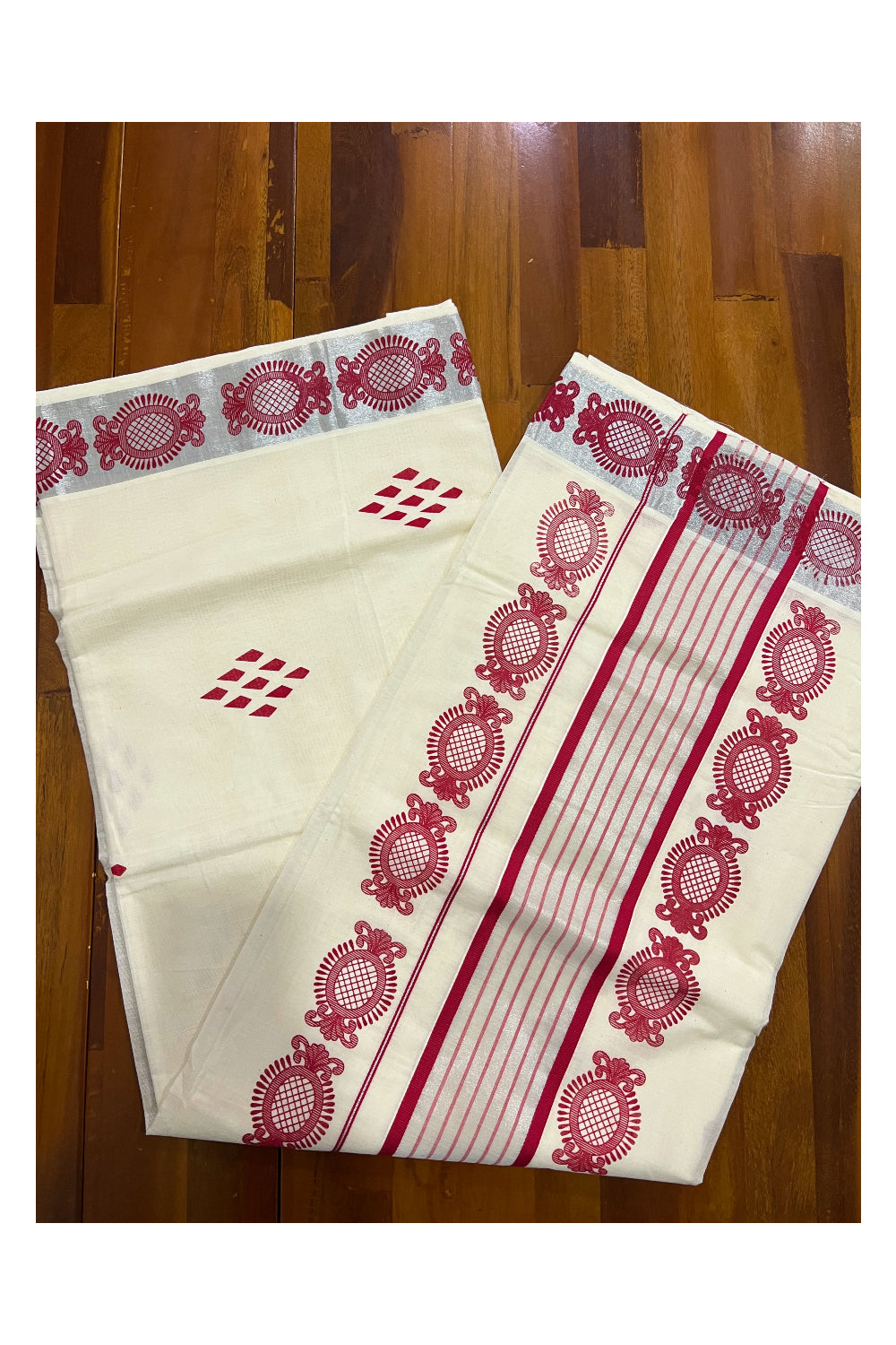 Pure Cotton Kerala Saree with Red Block Prints and Red Silver Kasavu Border