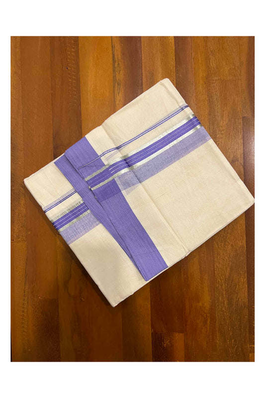 Off White Kerala Double Mundu with Silver Kasavu and Violet Border (South Indian Dhoti)