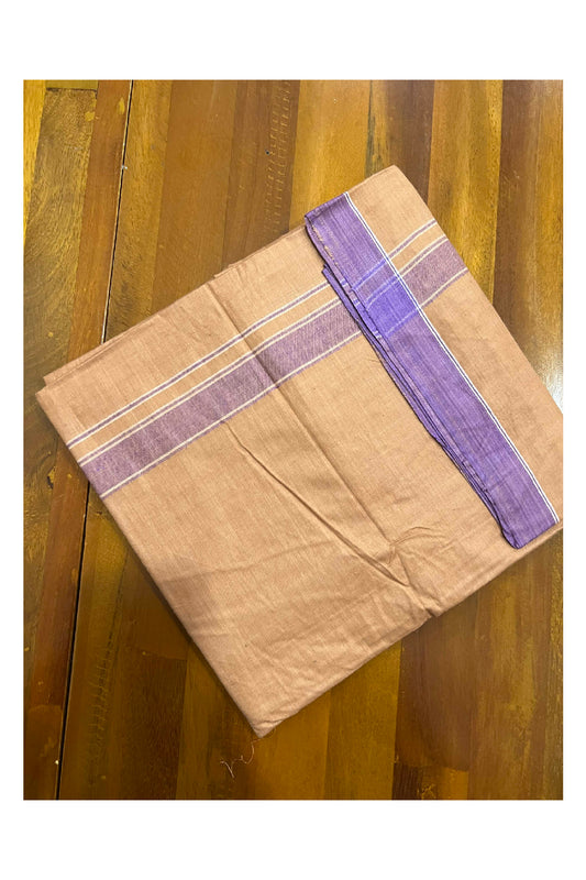 Southloom Premium Handloom Dark Saffron (Kaavi) Single Mundu with Violet Border (Lungi)