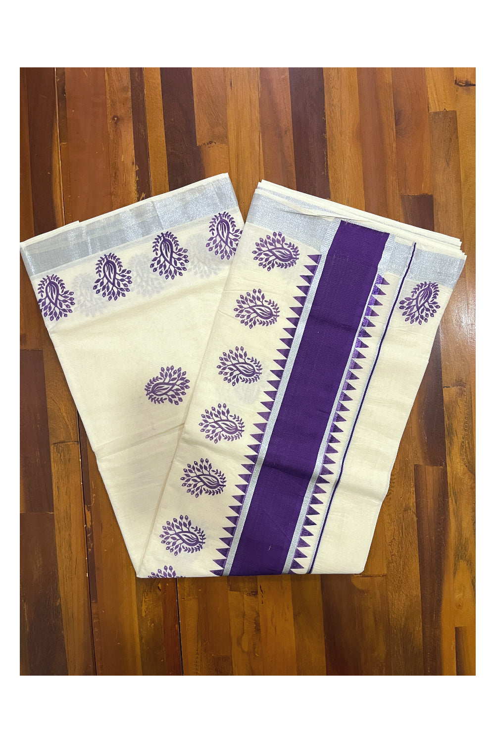 Pure Cotton Kerala Saree with Violet Floral Block Prints and Silver Kasavu Temple Border (Vishu Saree 2023)