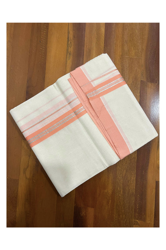 Off White Pure Cotton Double Mundu with SIlver Kasavu and Dark Peach Kara (South Indian Dhoti)