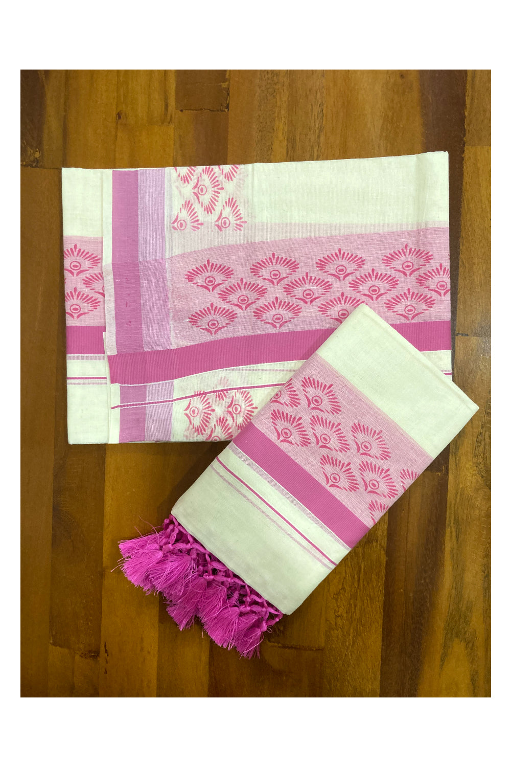 Kerala Cotton Mundum Neriyathum Single (Set Mundu) with Pink Floral Block Print Border and Tassels Work