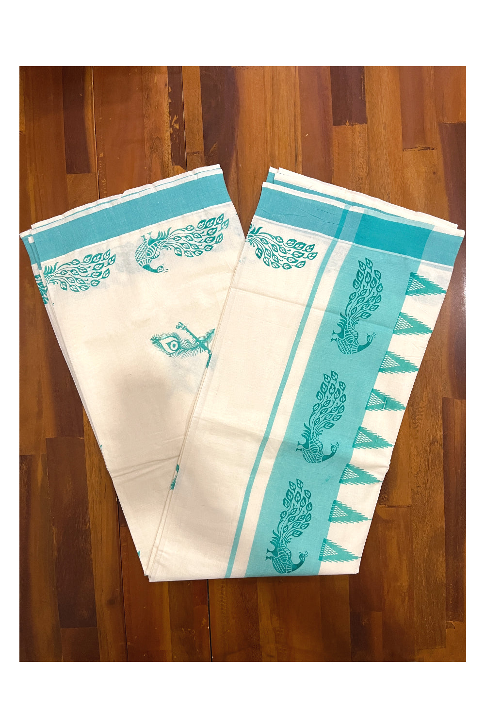 Pure Cotton Kerala Saree with Turquoise Peacock Temple Block Printed Border (Onam Saree 2023)