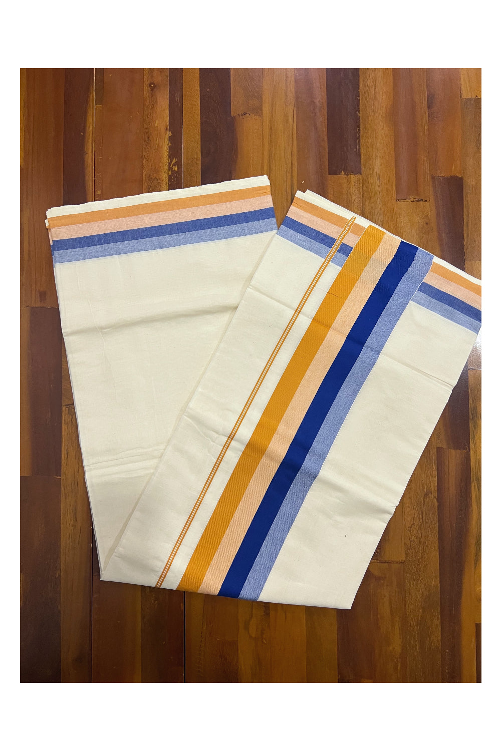 Kerala Cotton Saree with Blue and Orange Lines Border Design