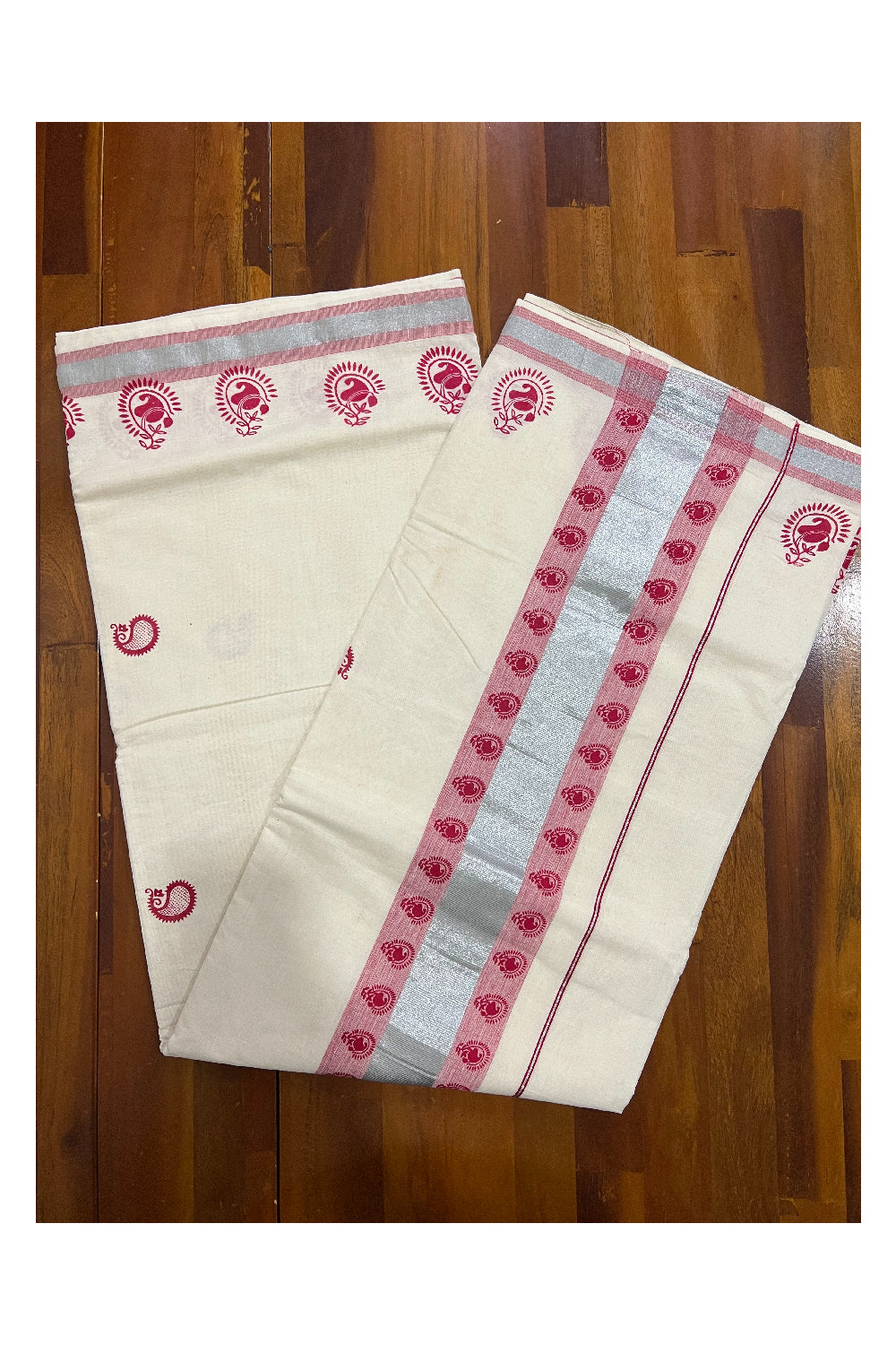 Pure Cotton Kerala Saree with Dark Pink Paisley Block Prints on SIlver Kasavu Border