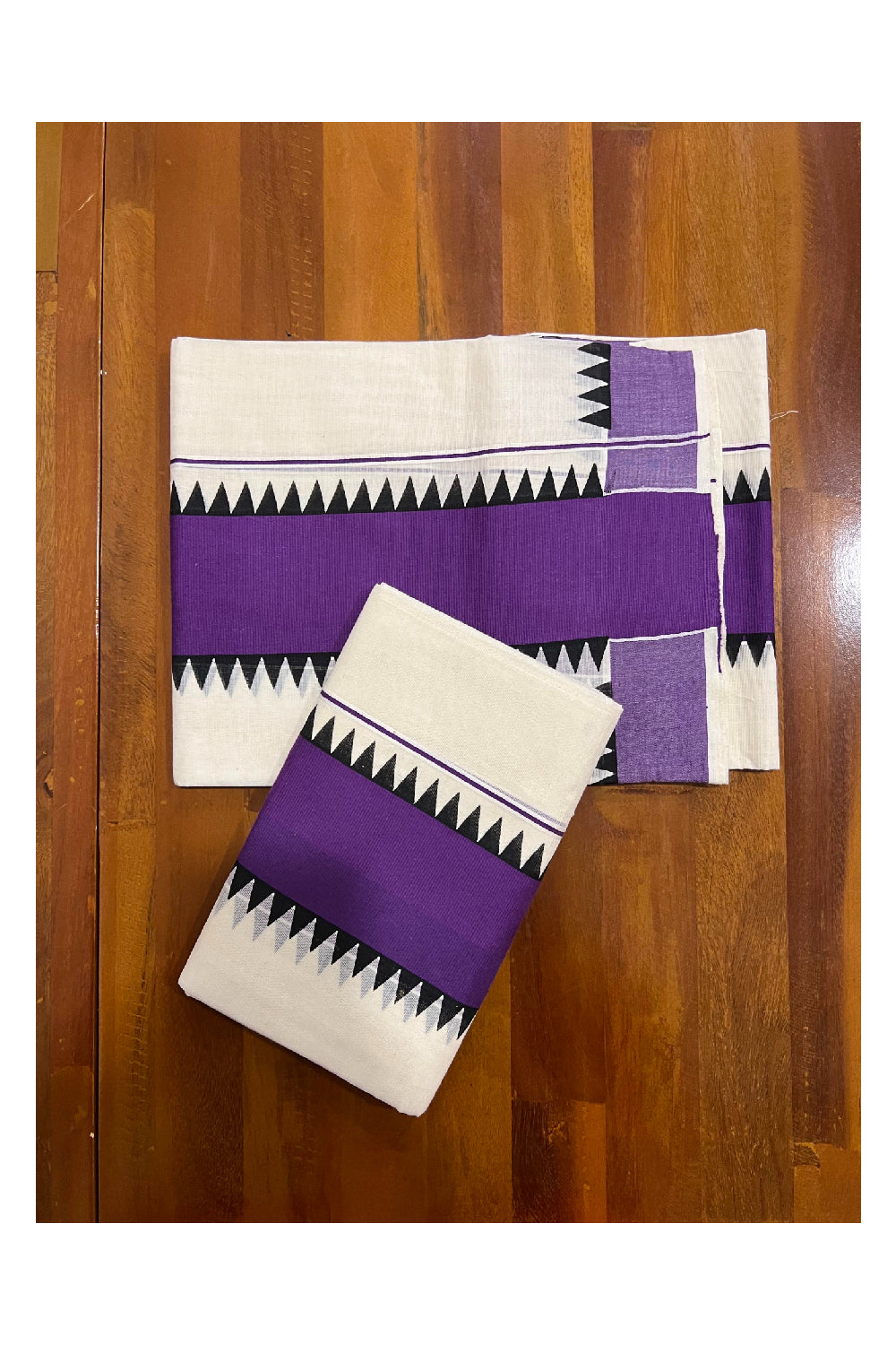 Kerala Cotton Single Mundum Neriyathum (Set Mundu) with Purple and Black Temple Border 2.80 Mtrs