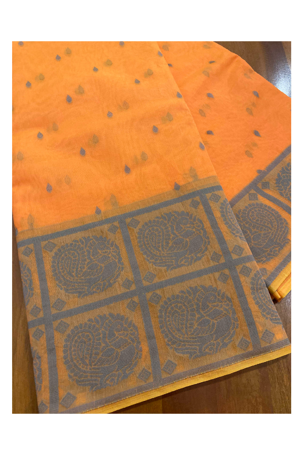 Southloom Sico Gadwal Semi Silk Saree in Orange and Grey with Peacock Motifs (Blouse Piece with Work)