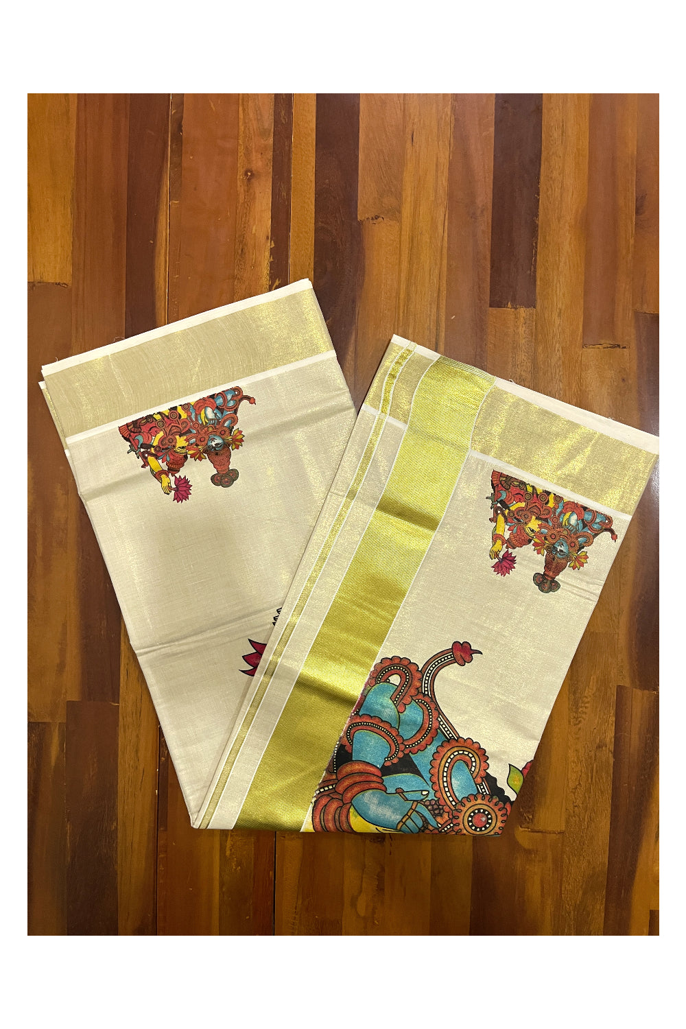 Kerala Tissue Kasavu Saree with Krishna Radha Mural Printed Design