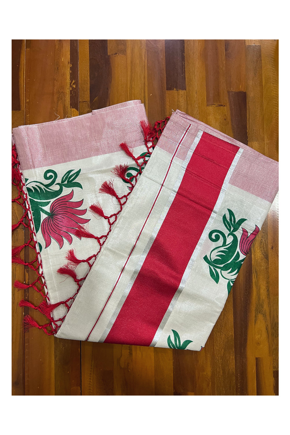 Kerala Tissue Kasavu Saree with Red Green Mural Floral Design and Tassels on Pallu