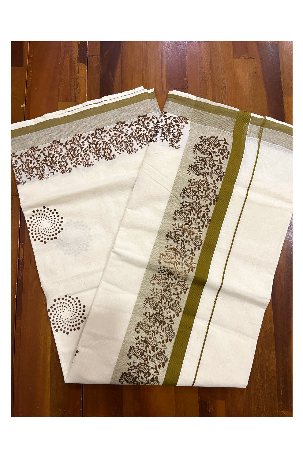 Pure Cotton Off White Kerala Saree with Brown Paisley Block Prints on Border