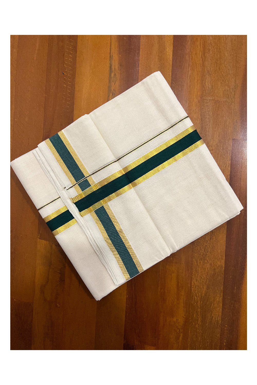 Southloom Balaramapuram Handloom Pure Cotton Mundu with Dark Green and Kasavu Border (South Indian Dhoti)