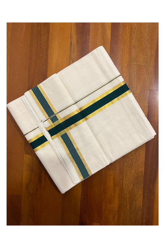 Southloom Balaramapuram Handloom Pure Cotton Mundu with Dark Green and Kasavu Border (South Indian Dhoti)