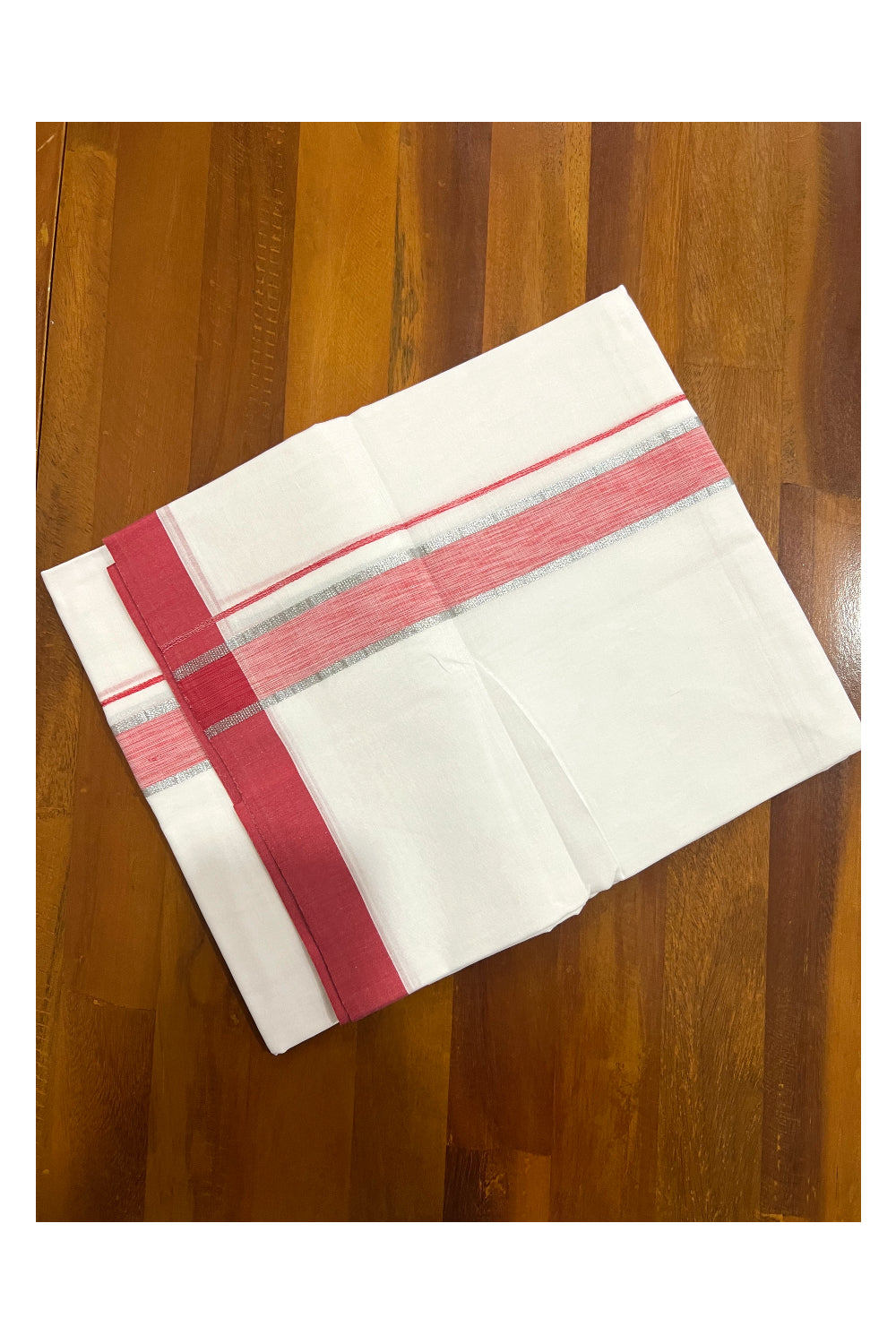 Pure White Cotton Double Mundu with Red and Silver Kasavu Border (South Indian Dhoti)