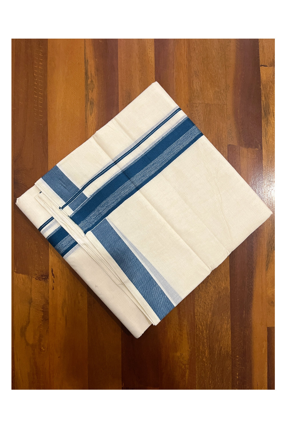 Pure Cotton Double Mundu with Blue Kara (South Indian Dhoti)