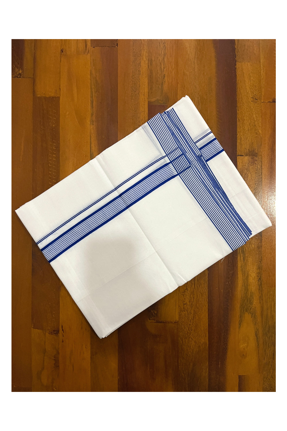 Pure White Cotton Double Mundu with Blue Lines Border (South Indian Dhoti)