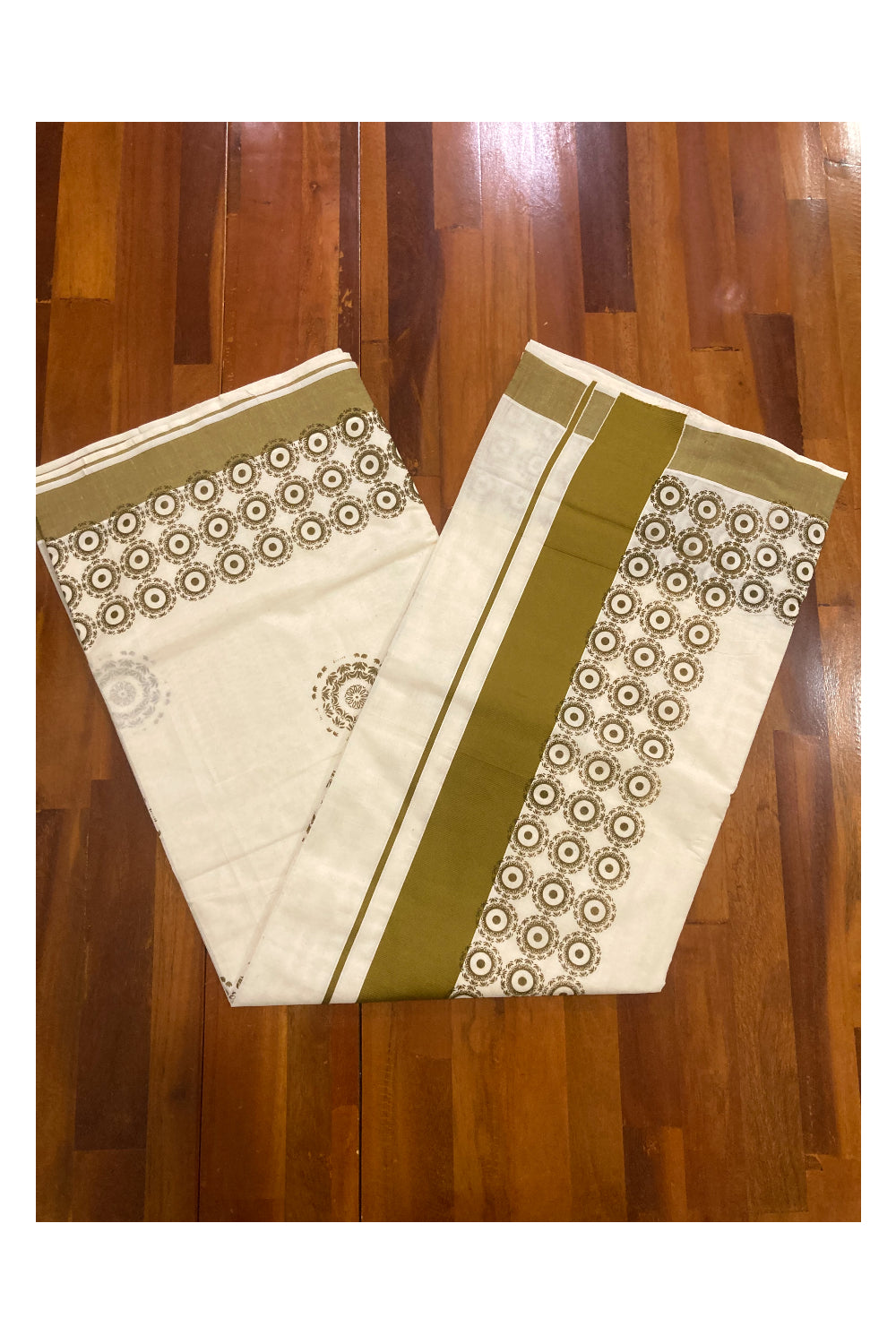 Pure Cotton Kerala Saree with Olive Brown Block Prints on Border and Pallu