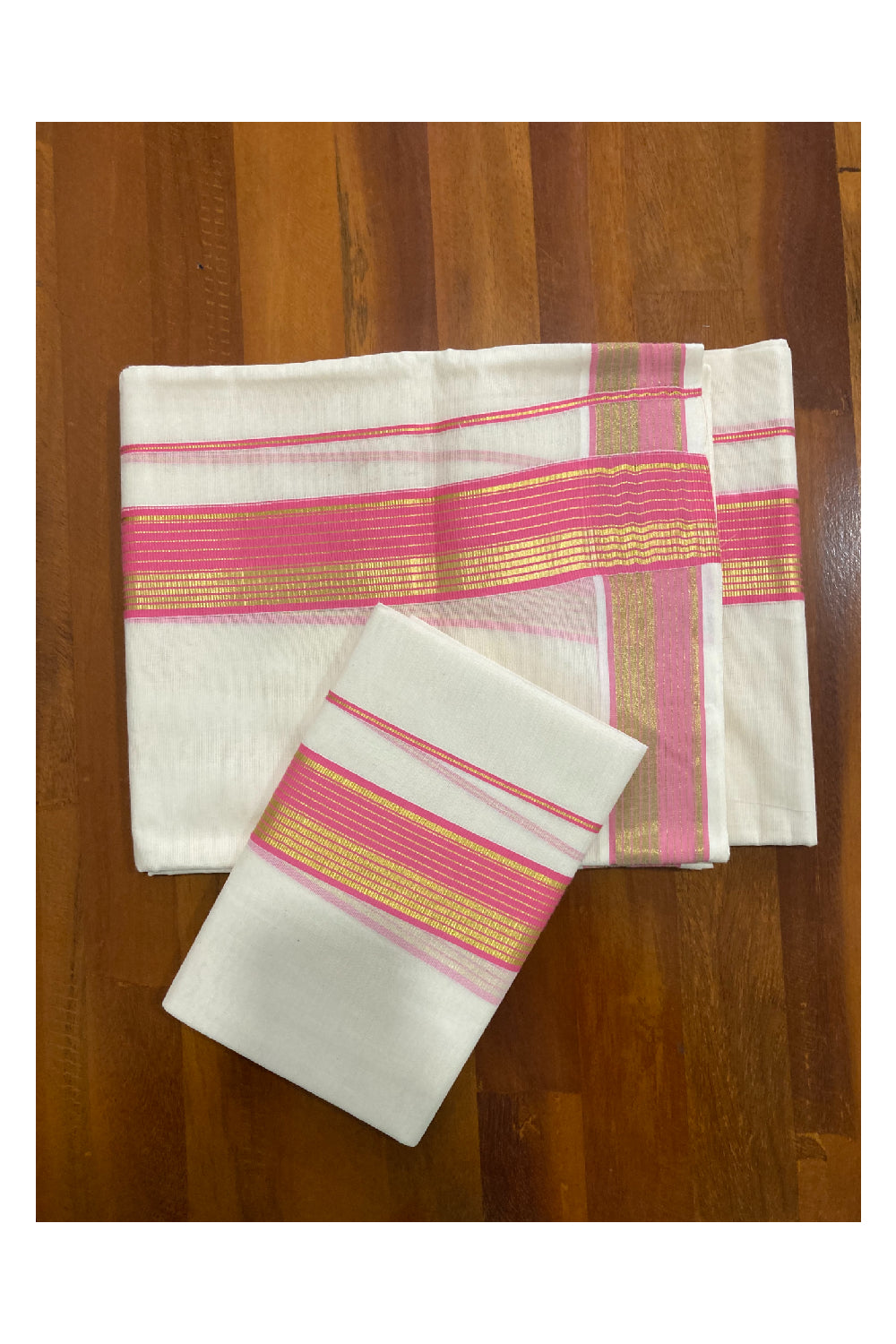 Mundum Neriyathum Double (Set Mundu) with Kasavu and Pink Border